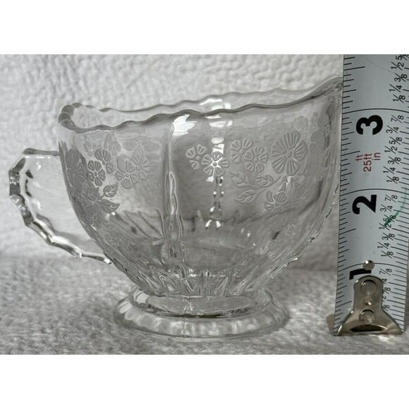 New Martinsville Glass Creamer Sugar Bowl Set Etched Flower Basket Wing Handles - Picture 7 of 13